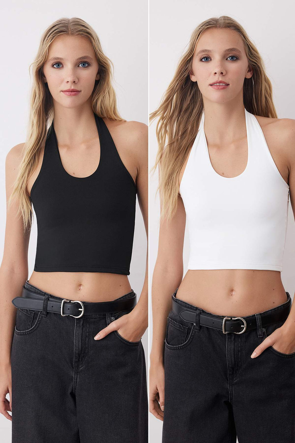 Siyah-Beyaz Boyundan Gecmeli Vucuda Oturan Crop Esnek Orme Bluz TWOAW26BZ00251