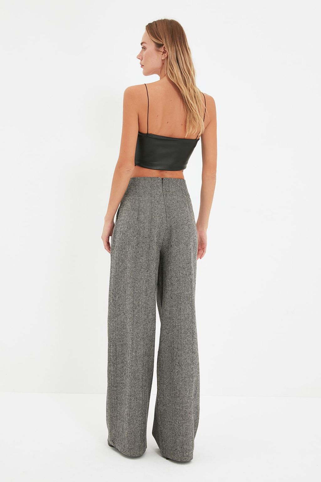 Gri Dugme Detayl? Wide Leg Dokuma Pantolon TWOAW21PL0492 Palazzo