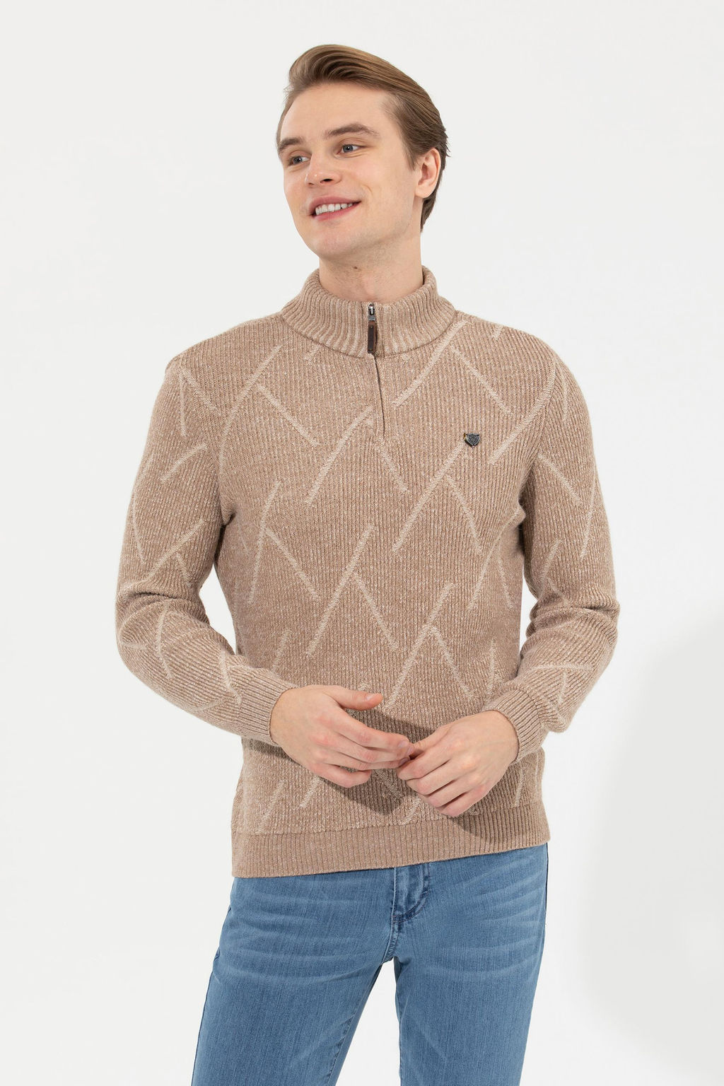 U. S. Polo Assn Мужской светло-коричневый меланжевый трикотажный свитер с высоким воротником - U.s. polo assn фото 4