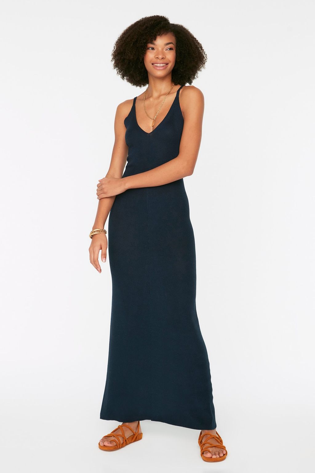 TRENDYOLMILLA Lacivert Maxi Triko Ince Ask?l? Basic Elbise TWOSS20EL1574
