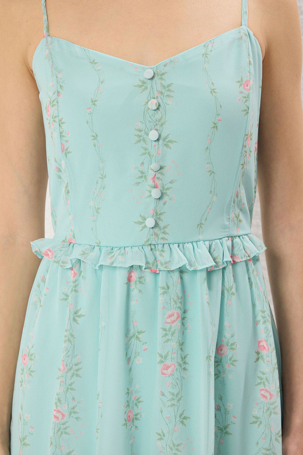 Mint Cicekli Etegi Belden Ac?lan Sifon Ucus Ucus Dokuma Mini Elbise TWOSS23EL01782