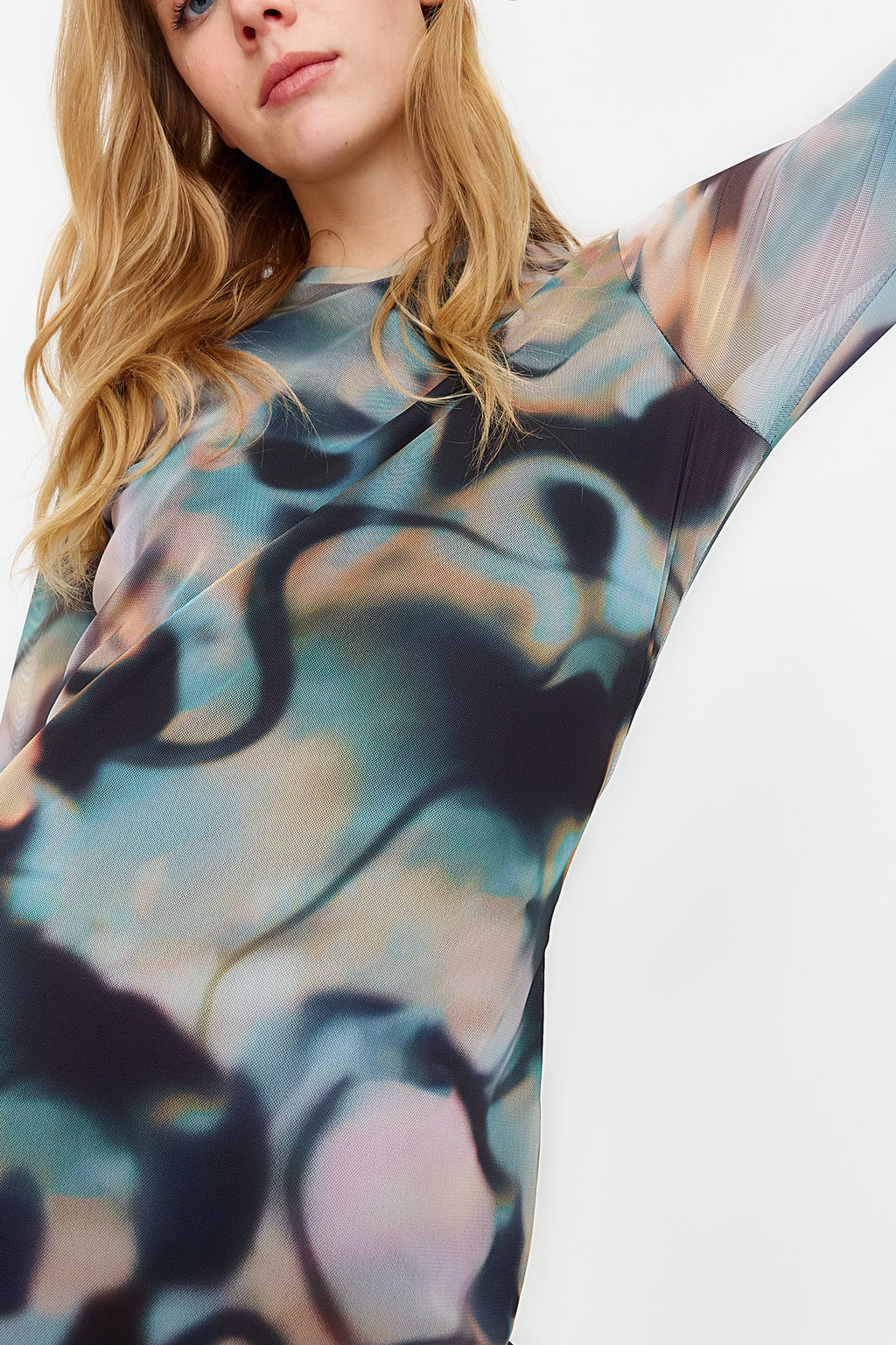 Mavi S?rt Dekolteli Uzun Kol Bask?l? Tul Esnek Orme Kalem Elbise TWOSS24EL00115 - Trendyolmilla фото 5