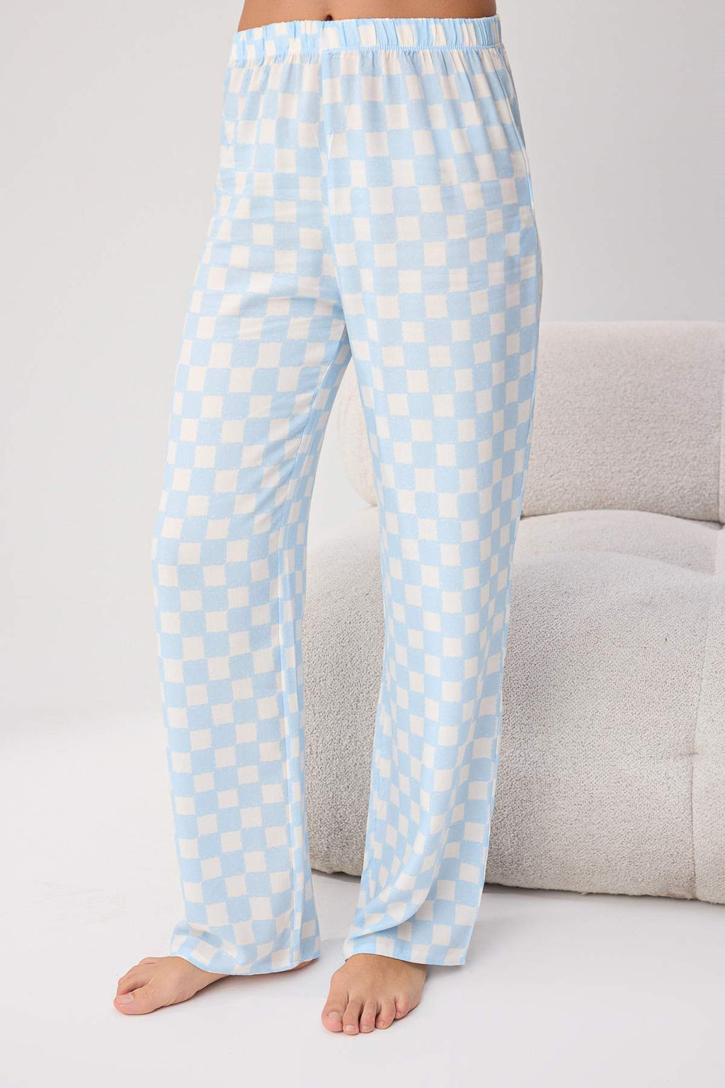 Ekru-Mavi %100 Pamuklu Bask_l_ ve Ekoseli _rme Pijama Tak_m_ THMSS26PT00097 - Trendyolmilla фото 3