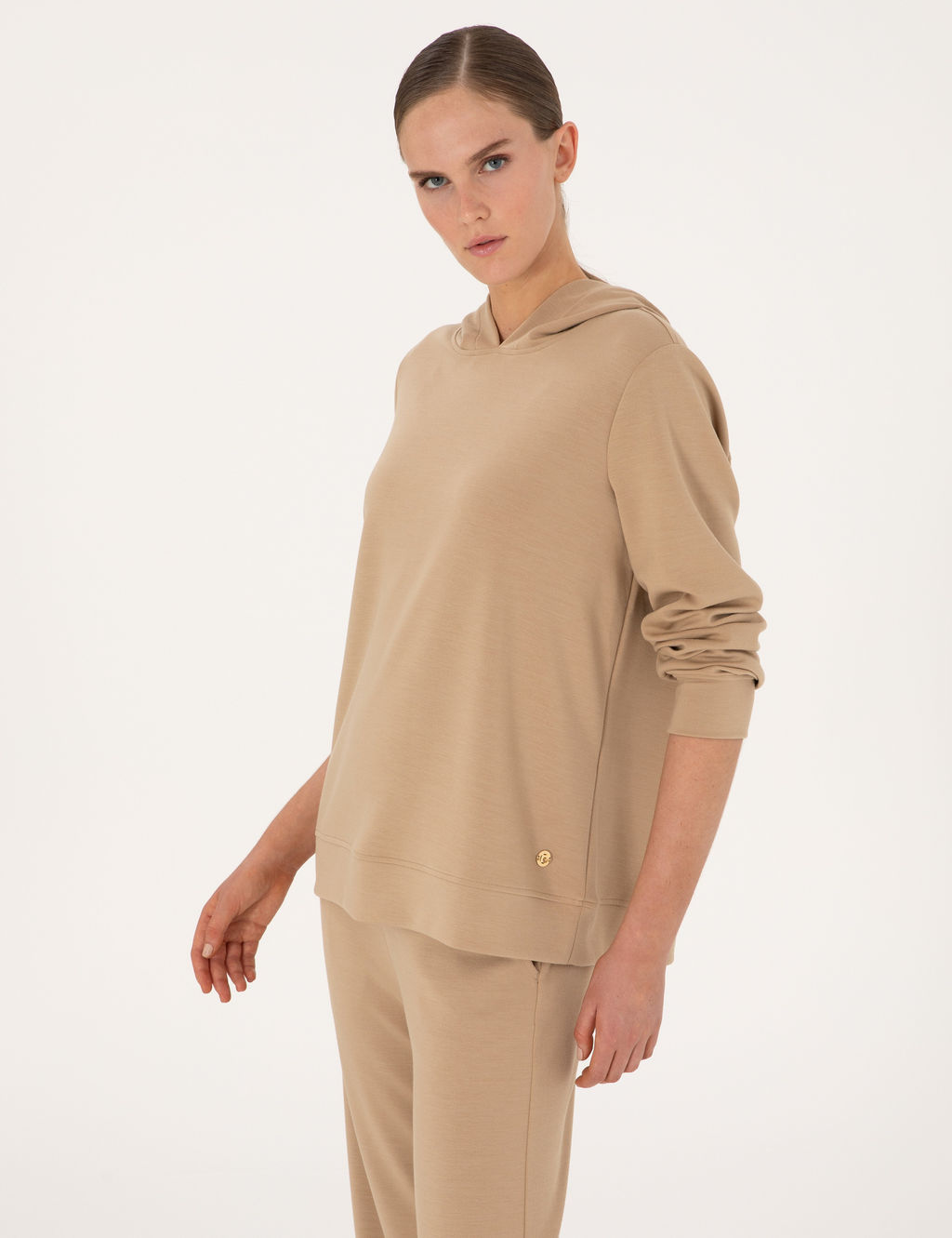 Bej Oversize Modal Kar___ml_ Kap__onlu Sweatshirt