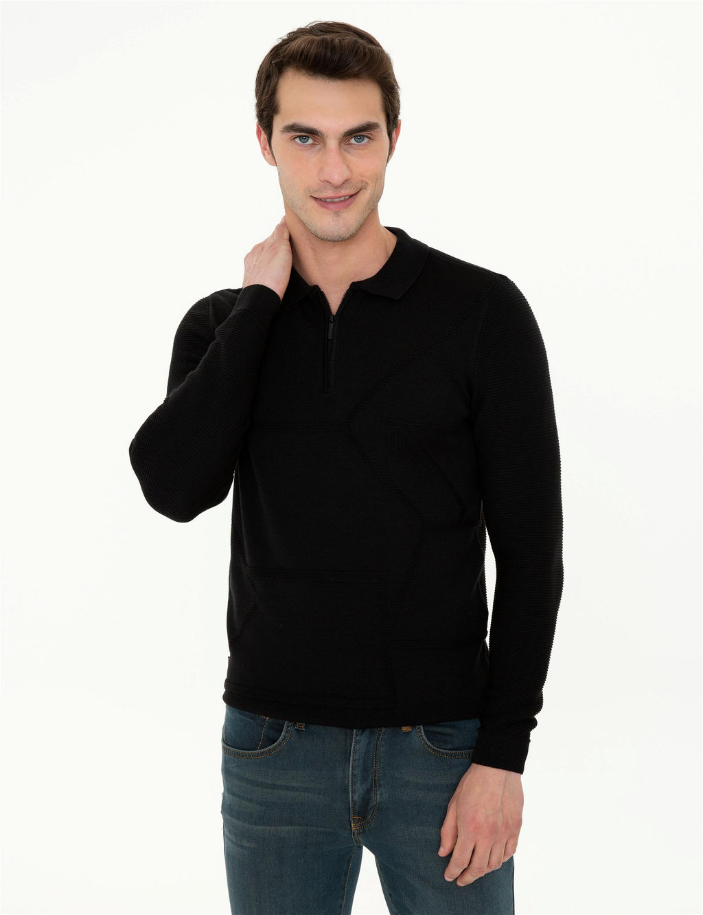 Siyah Slim Fit Fermuarl_ Polo Yaka Triko Kazak