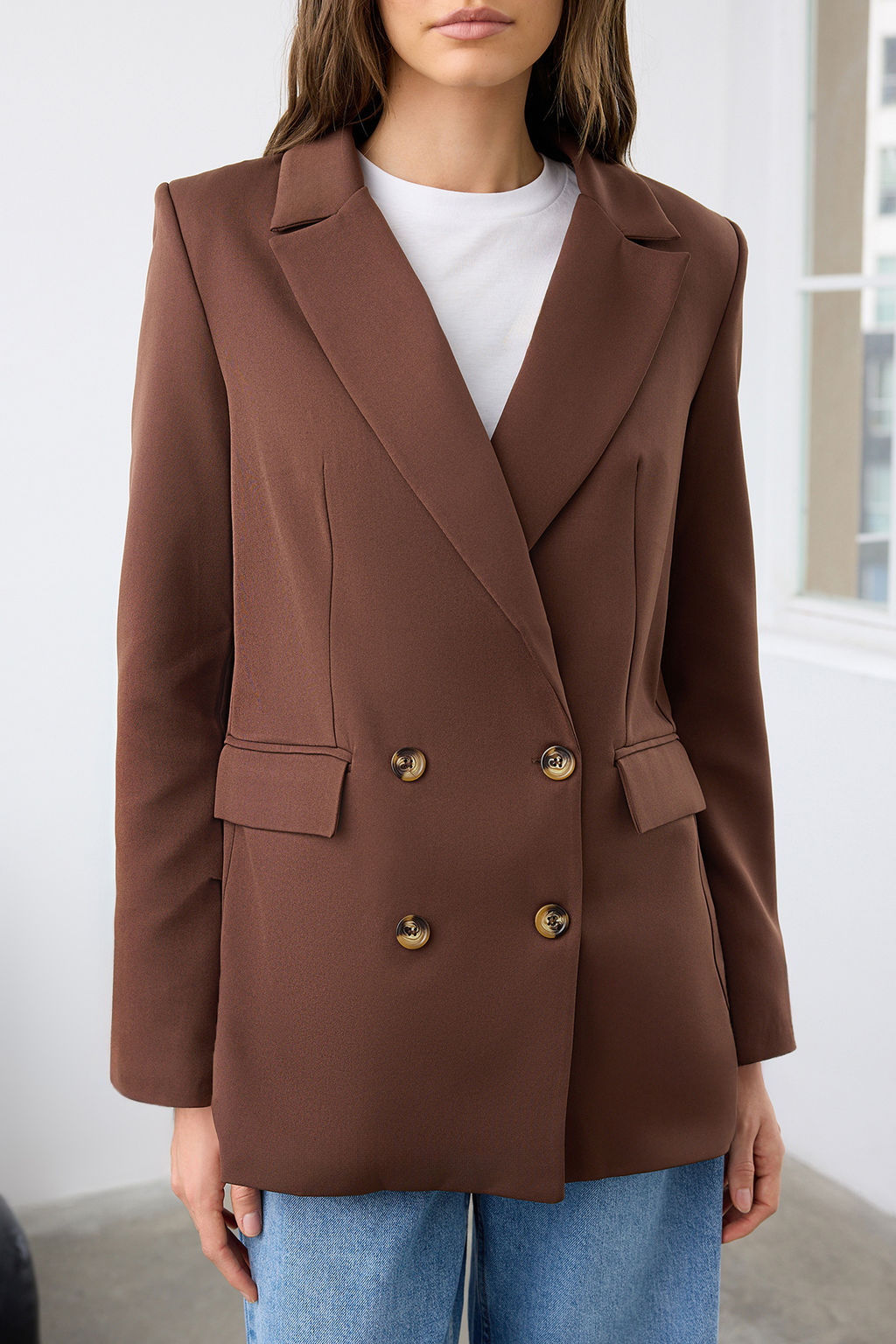 Kahverengi Oversize Astarl? Dugmeli Dokuma Blazer Ceket TWOAW22CE0167