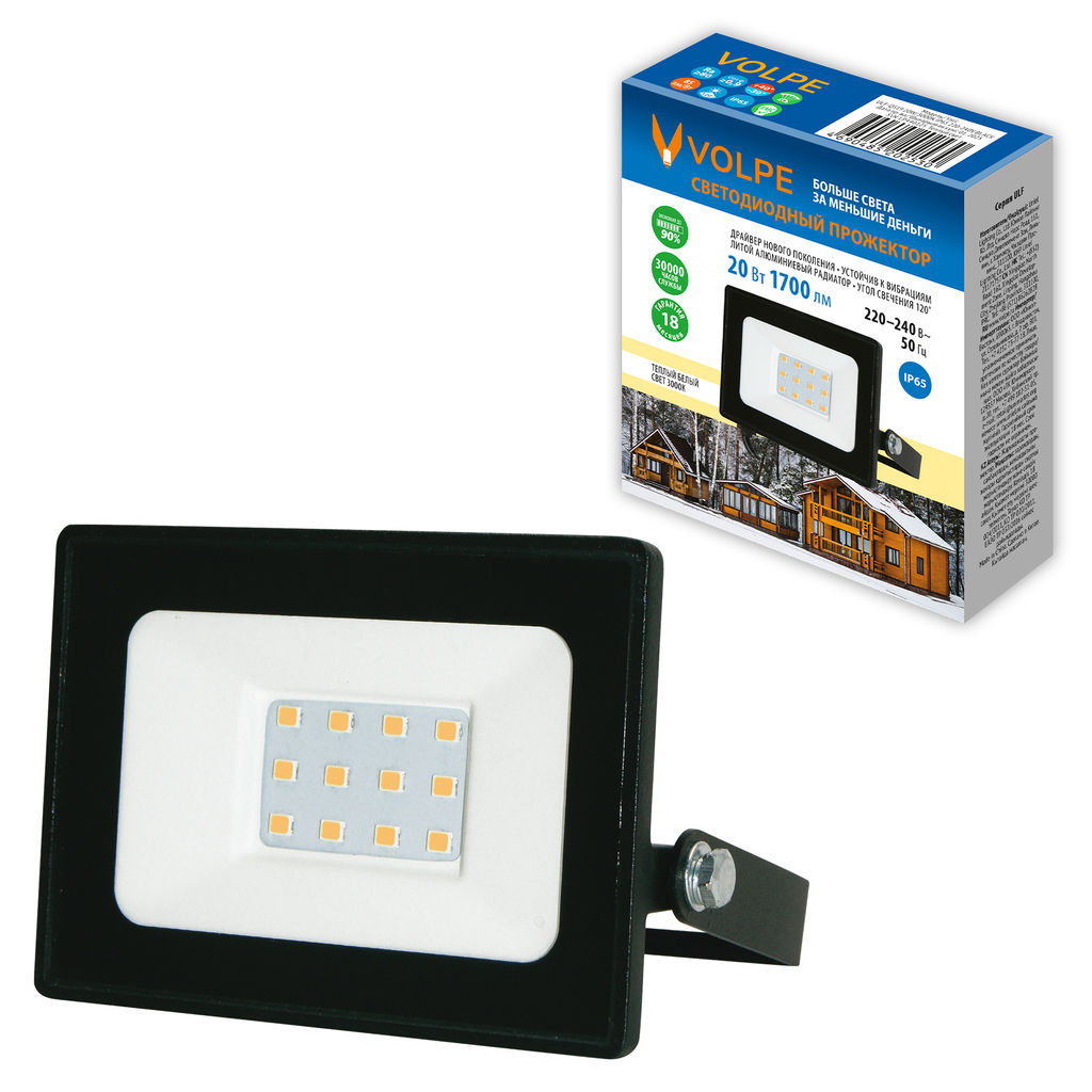 ULF-Q519 20W/3000K IP65 220-240V BLACK Прожектор светодиодный. Теплый белый свет(3000К). Корпус черный. TM Volpe