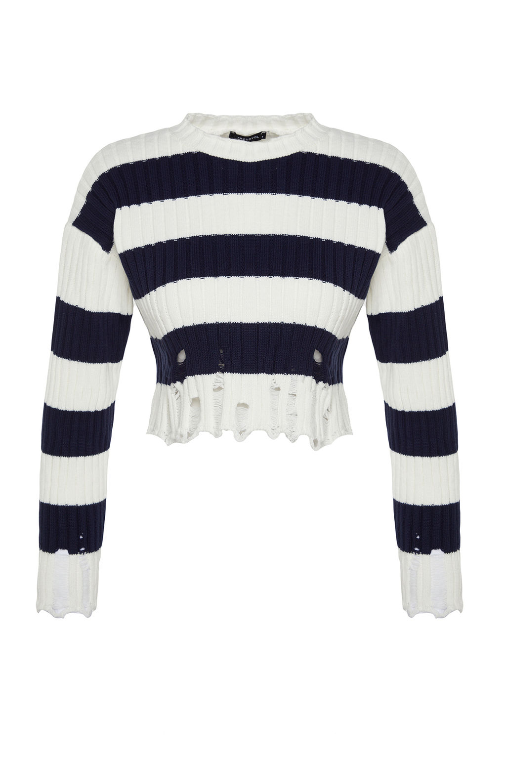 Ekru Crop Genis Kal?p Cizgili Ak?tma Detayl? Triko Kazak TWOAW24KZ00905 - Trendyolmilla фото 6