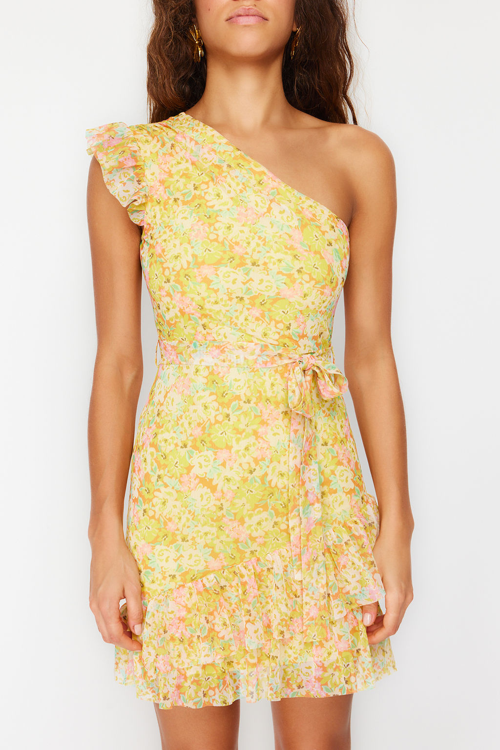 Cok Renkli Desenli Tek Kol Detayl? F?rf?rl? Astarl? Esnek Orme Mini Elbise TWOSS24EL00205 - Trendyolmilla фото 4