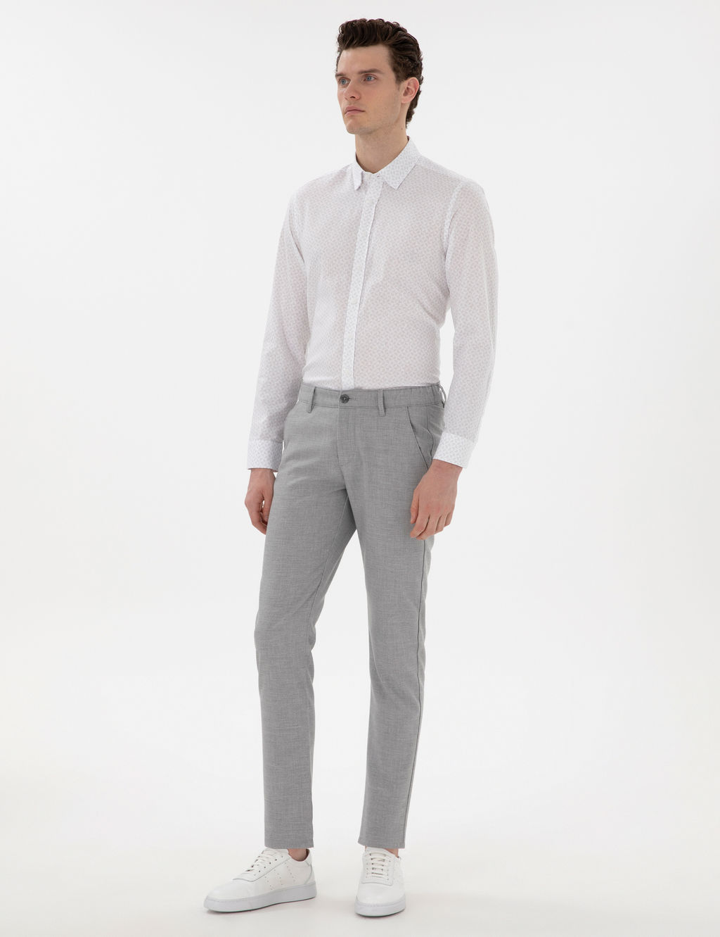 Gri Slim Fit Beli Lastikli Kanvas Pantolon