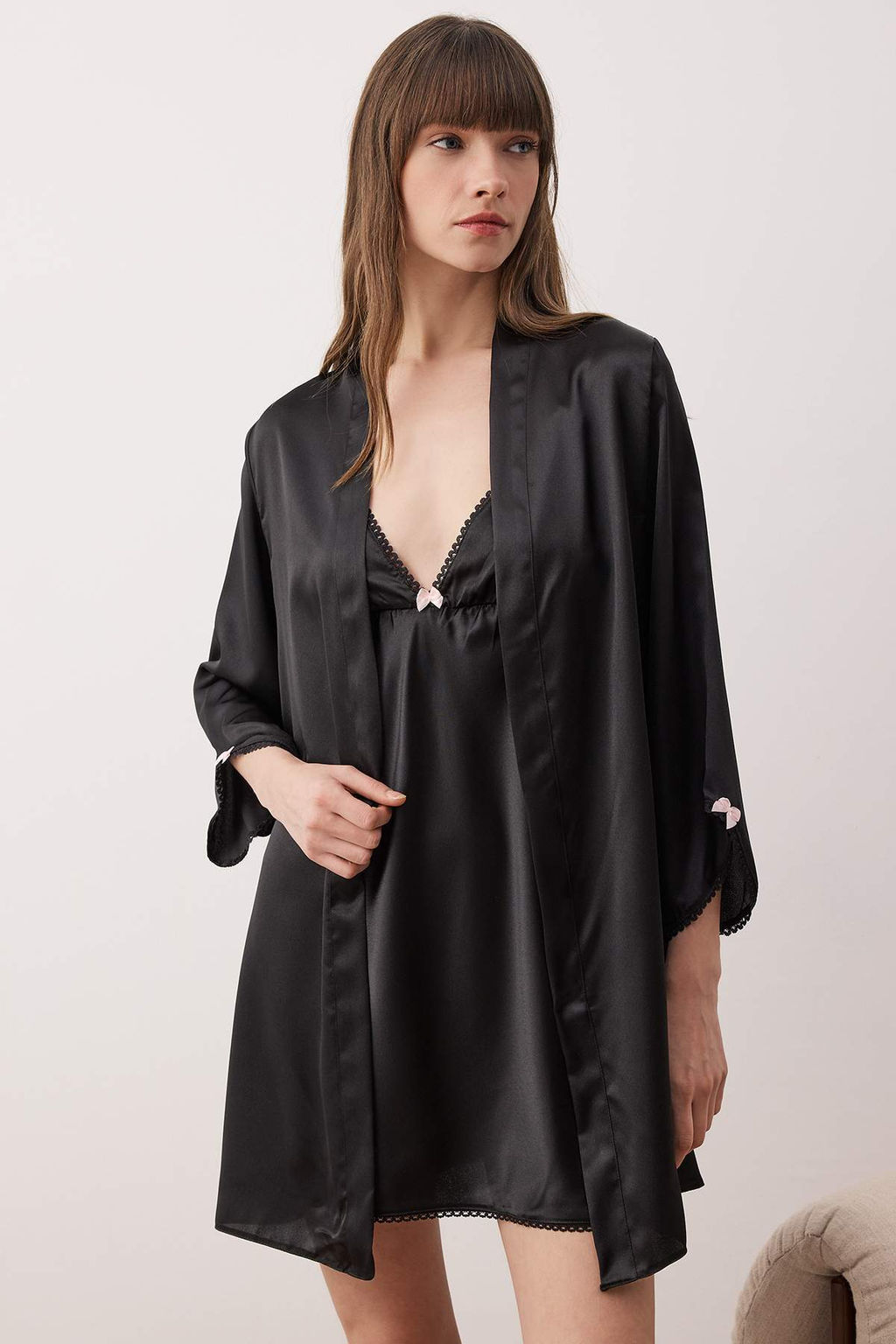 Siyah 4lu Ceyiz Set Saten Dokuma Gecelik+Sabahl?k+Pijama Tak?m? THMAW26PT00210 - Trendyolmilla фото 2