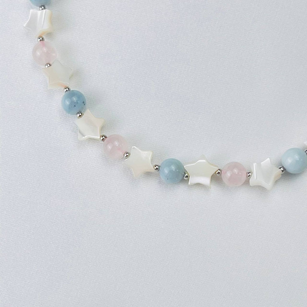 Бусы детские из Аквамарина, Розового кварца и Перламутра 34 см +