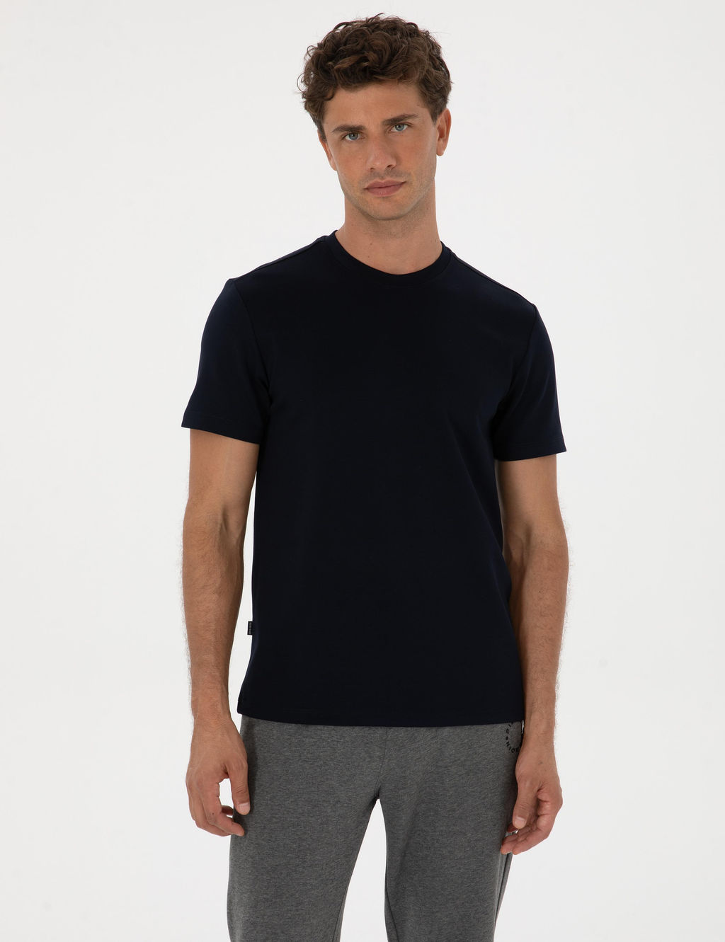 Lacivert Regular Fit Kal_n Dokulu Bisiklet Yaka Basic Ti__rt
