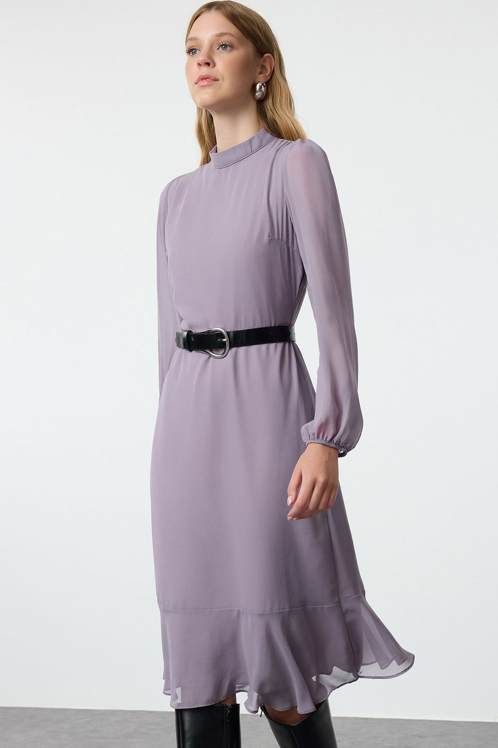 TRENDYOLMILLA Camel Dik Yakal? Etegi Volanl? Sifon Dokuma K?sl?k Elbise TWOAW20EL1313 фото 2