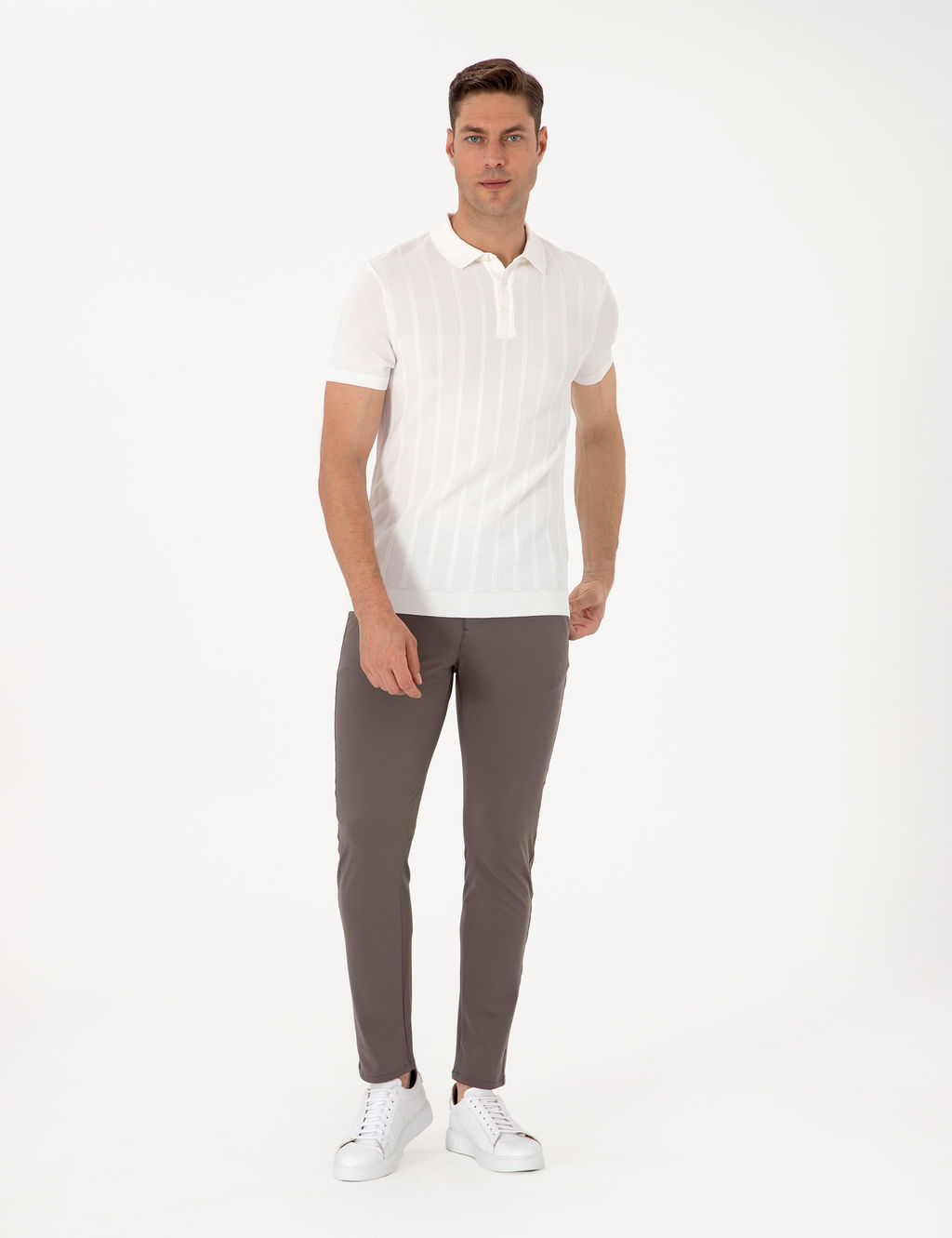 Ekru Slim Fit Polo Yaka D__meli Triko Ti__rt