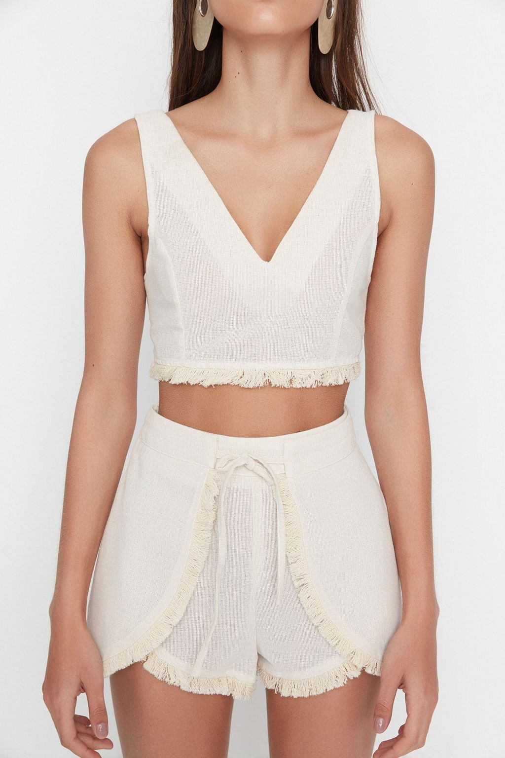 Plaj Giyim Bej Dokuma Puskul Yuksek Bel Bluz-Sort Tak?m TBESS22AU0141 - Trendyolmilla фото 3