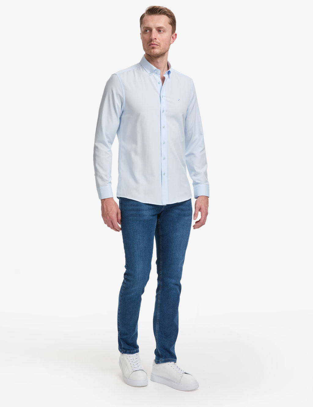 A__k Mavi Oxford Slim Fit Kolay _t_lenebilir G_mlek