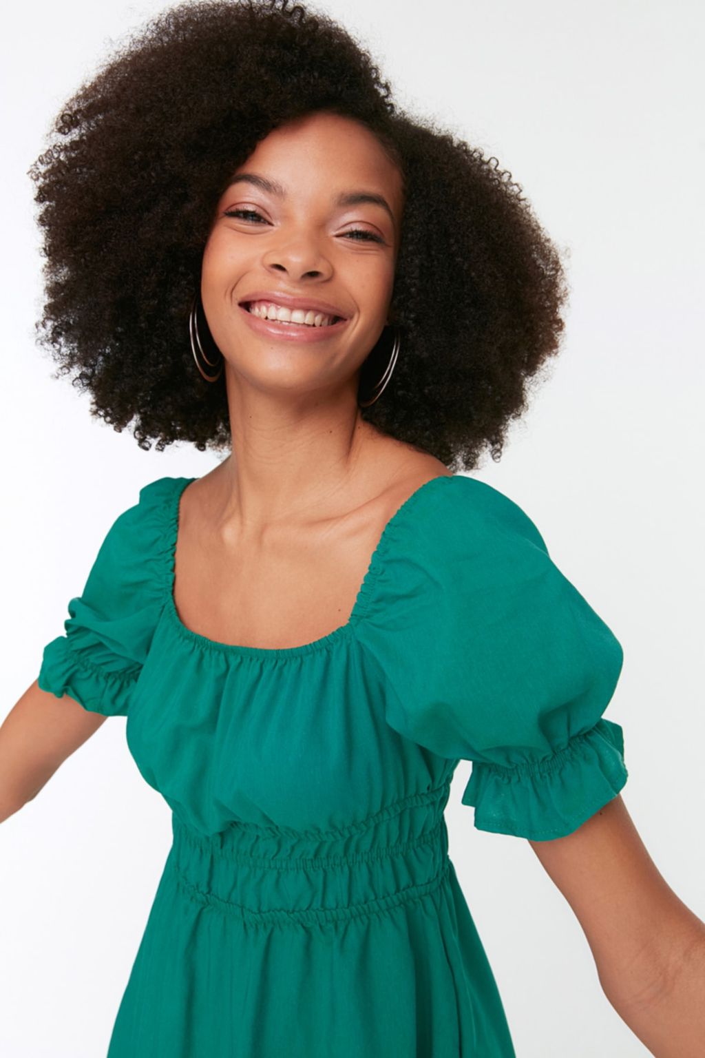 Yesil Skater/Belden Ac?lan Balon Kollu Astarl? Midi Dokuma Elbise TWOSS22EL1768