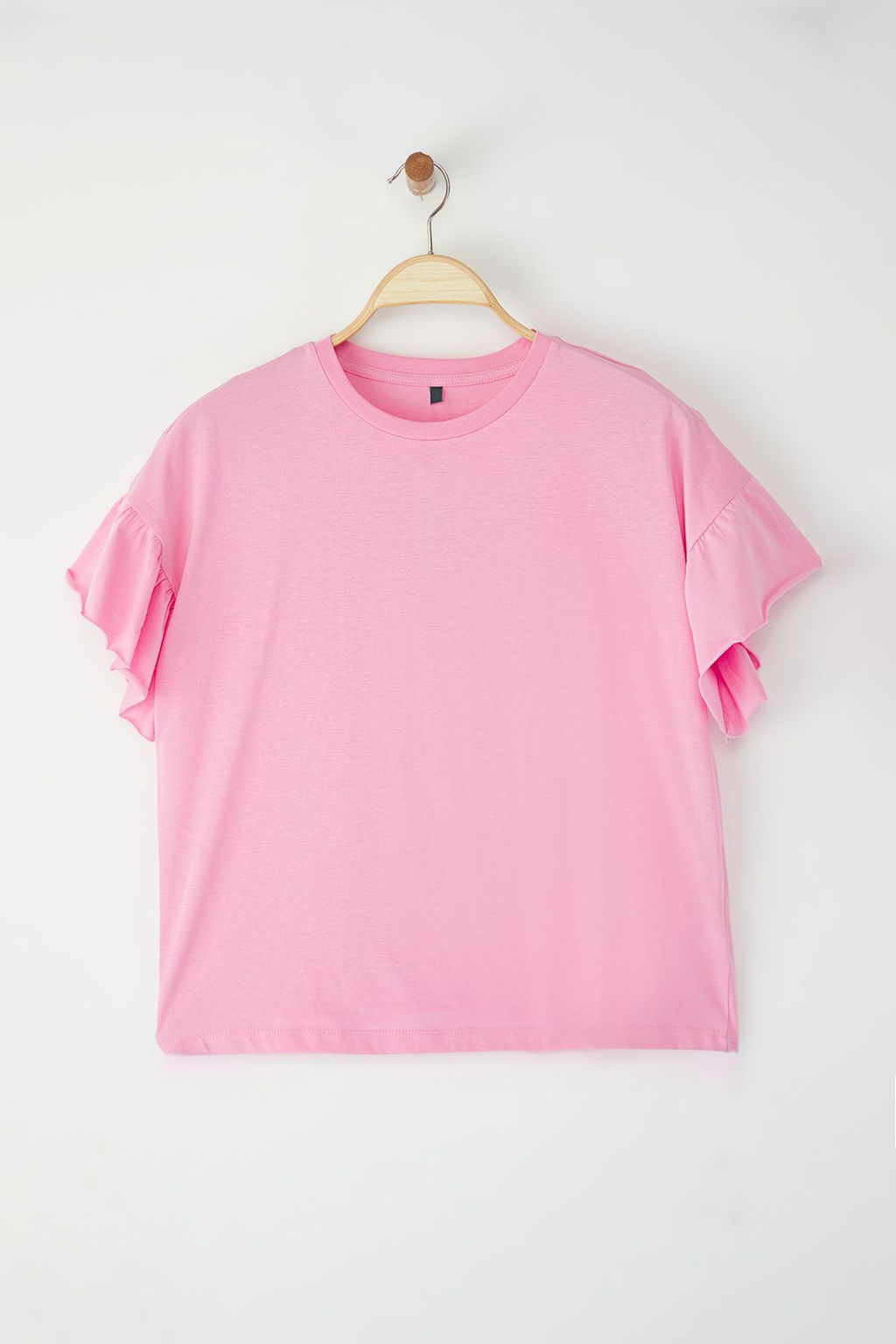 Pembe %100 Pamuk F?rf?r Detayl? Basic Bisiklet Yaka Orme T-Shirt TWOSS22TS2429