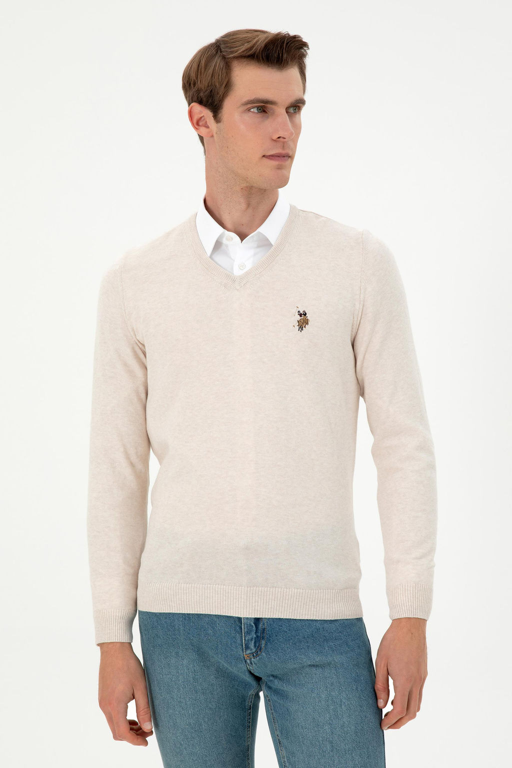 Erkek Slim Fit V Yaka Krem Melanj Basic Kazak