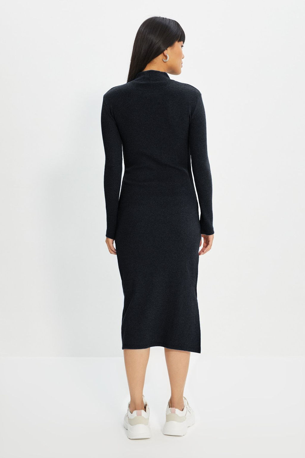 TRENDYOLMILLA Siyah Vucuda Oturan Y?rtmacl? Bisiklet Yaka Midi Fitilli Esnek Orme Kalem Elbise TWOAW21EL0135 фото 5