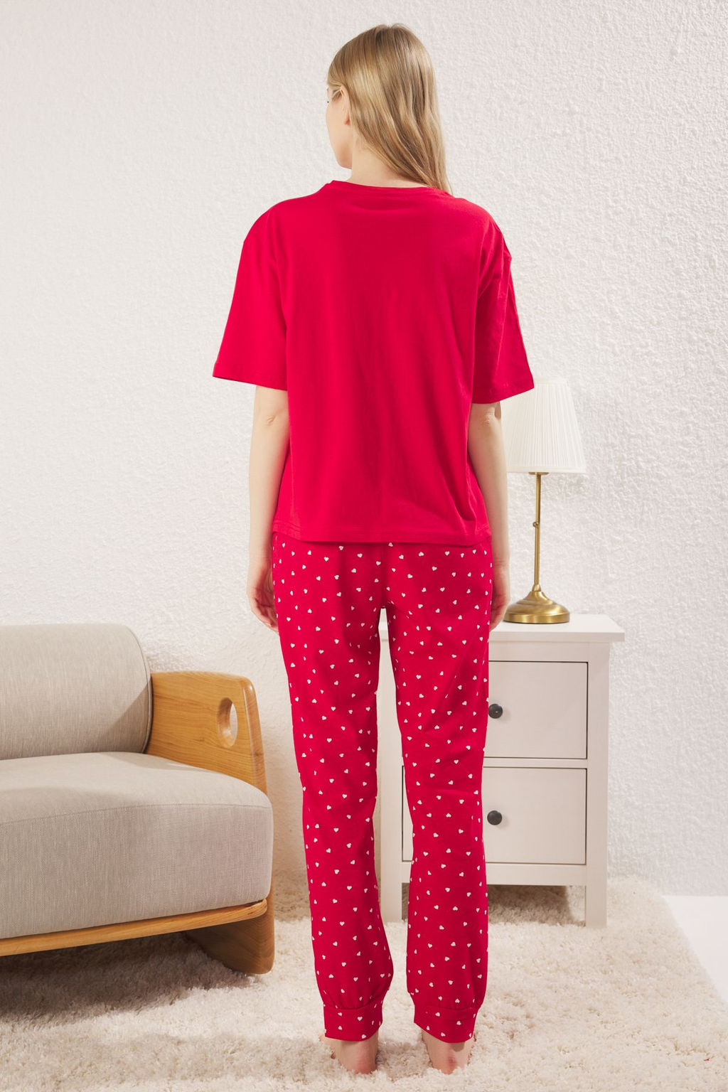 Trendyolmilla Kad?n Couple/Cift K?rm?z? Pamuklu Kalpli Sloganl? Orme Pijama Tak?m? THMSS25PT00283  фото 6