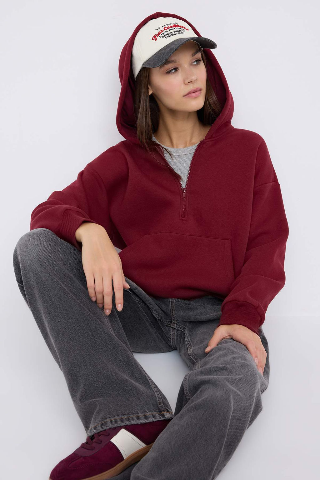 Teen Bordo Kapusonlu Kal?n Ici Polarl? Yar?m Pat Fermuarl? Cepli Orme Sweatshirt TWOAW26SW00160 - Trendyolmilla фото 14
