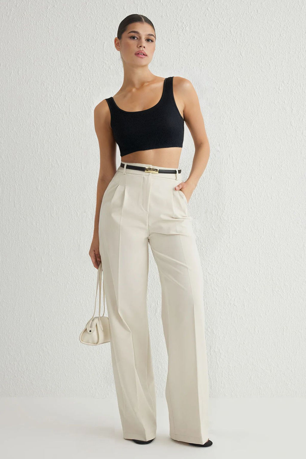 Ekru Pilili Wide Leg/Genis Paca Dokuma Pantolon TWOAW25PL00109 Palazzo