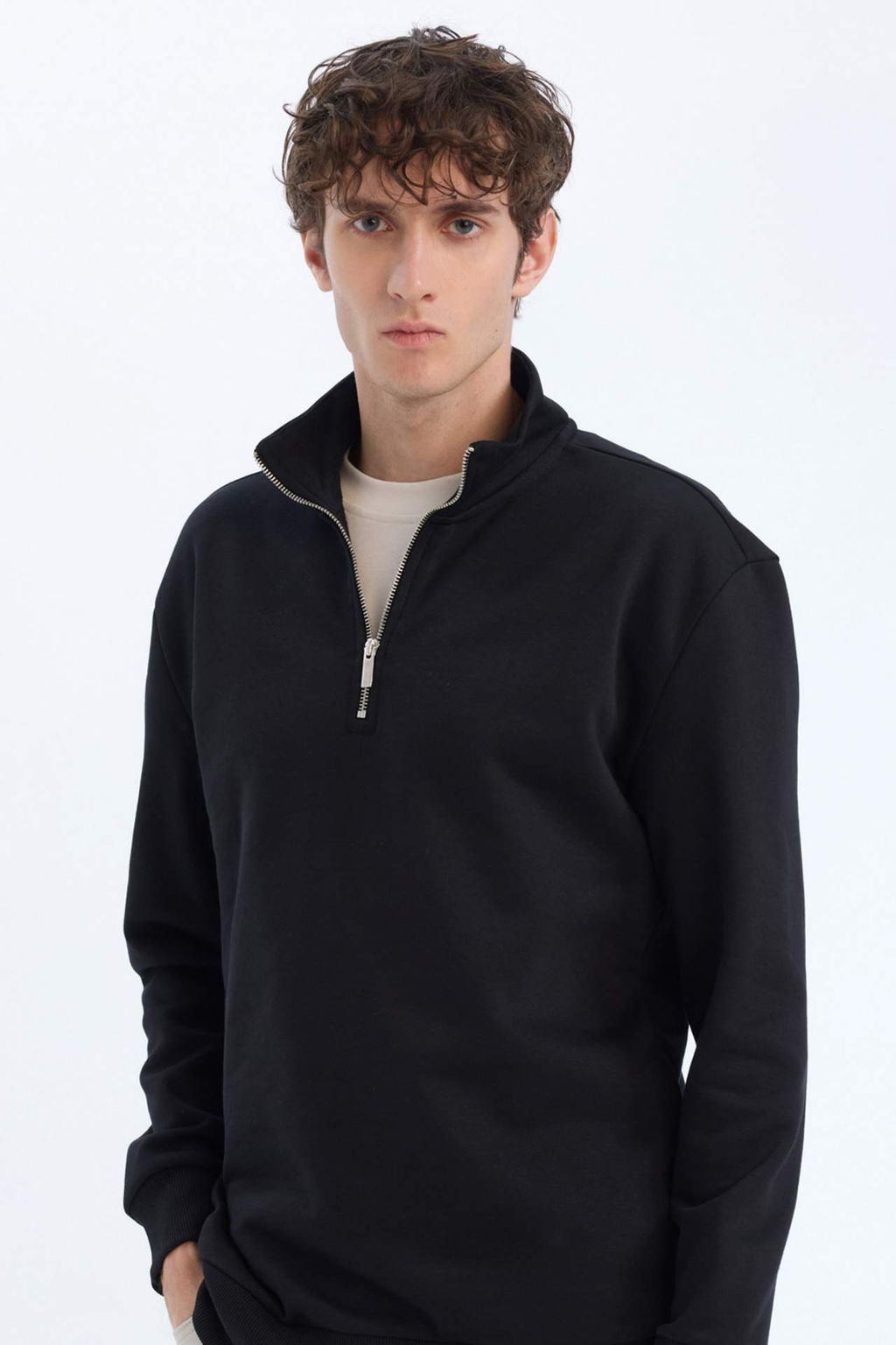 Comfort Regular Fit Rahat Kal?p Dik Yaka Fermuarl? Kal?n Basic Duz Sweatshirt - Defacto фото 5
