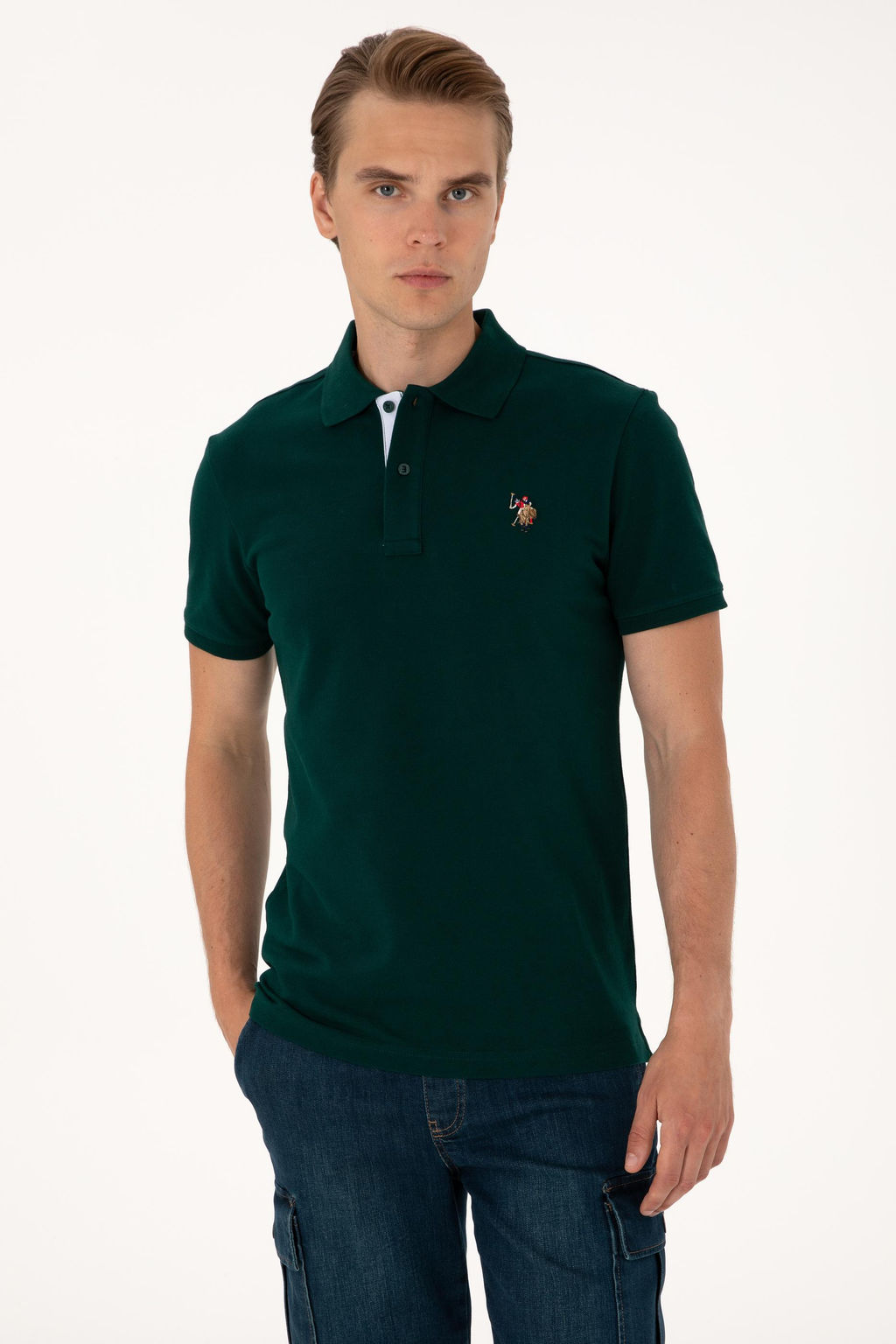 Erkek Slim Fit Polo Yaka Koyu Ye_il Basic Ti__rt