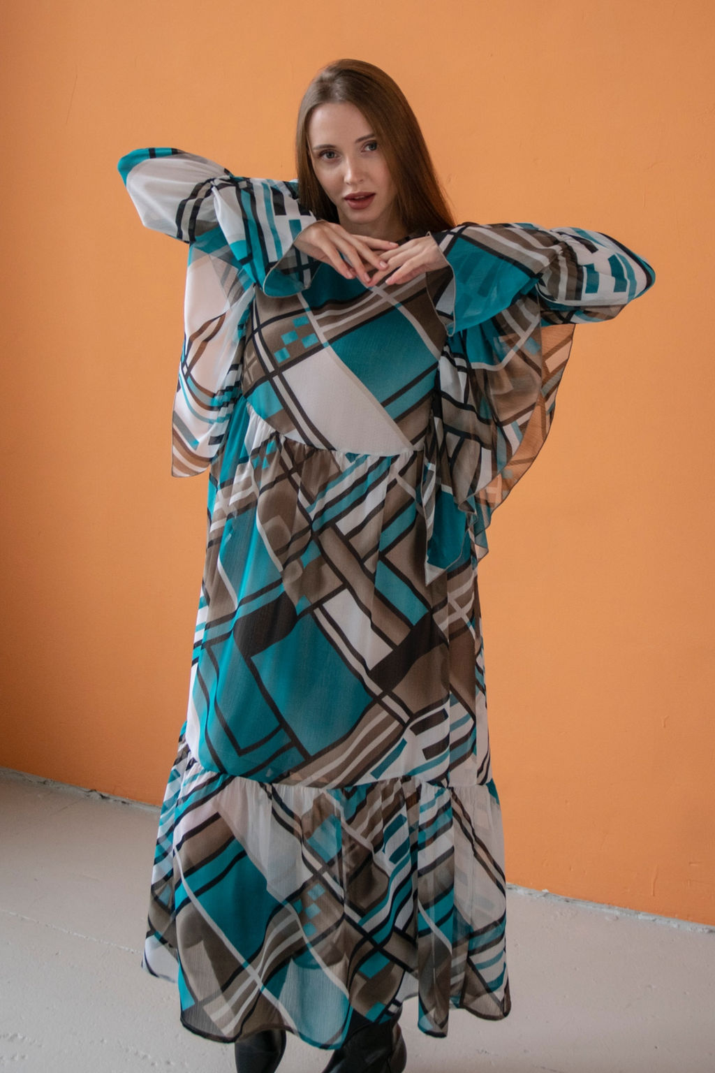 Платье шифон LOVE052/03/Бирюзовый, белый