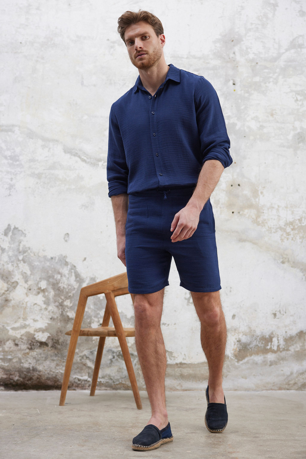 Lacivert Regular Fit Muslin Kumas Keten Gorunumlu %100 Pamuklu Sort TMNSS25SR00059 - Trendyolmilla фото 2