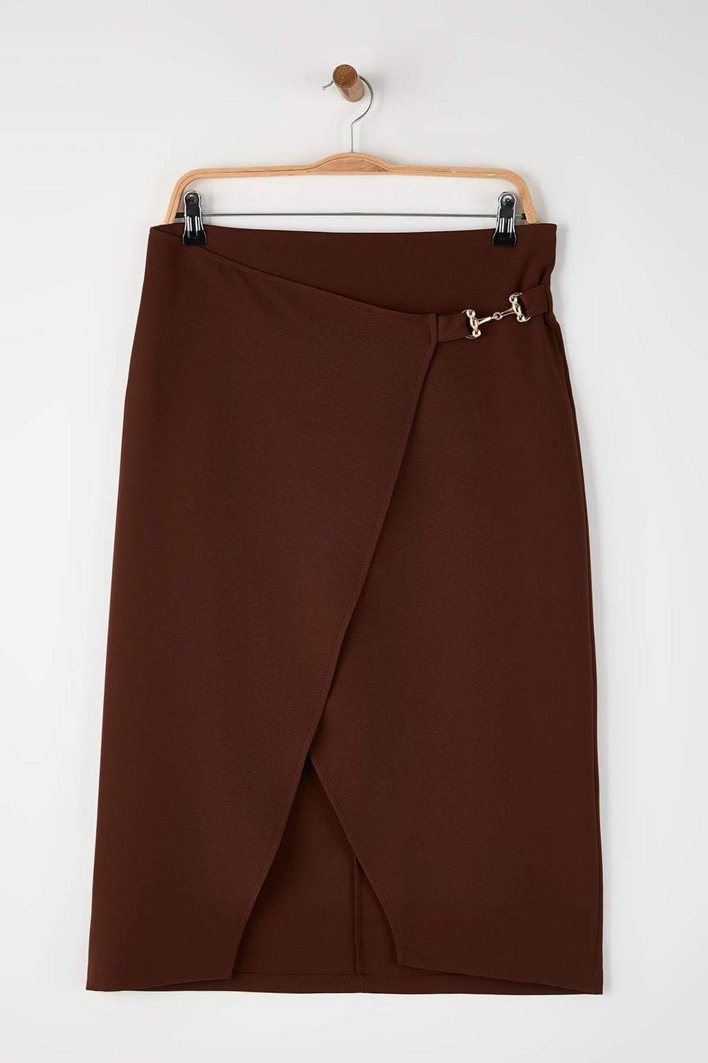 Koyu Kahverengi Aksesuar Detayl? Kruvaze Y?rtmacl? Midi Dokuma Etek TWOAW26ET00080