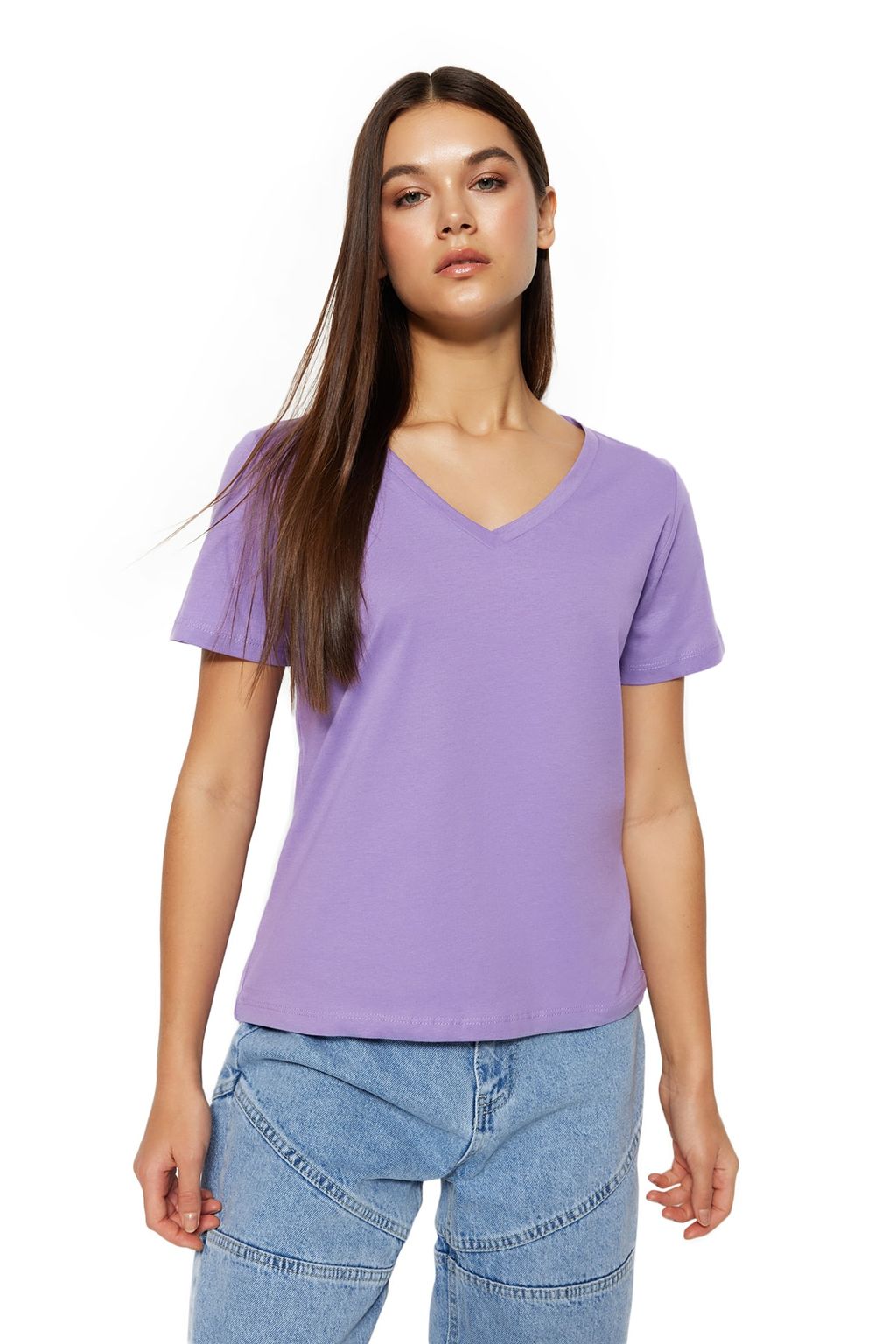 TRENDYOLMILLA Siyah-Beyaz %100 Pamuk 2li Paket Basic V Yaka Orme T-Shirt TWOSS23TS00002 фото 50