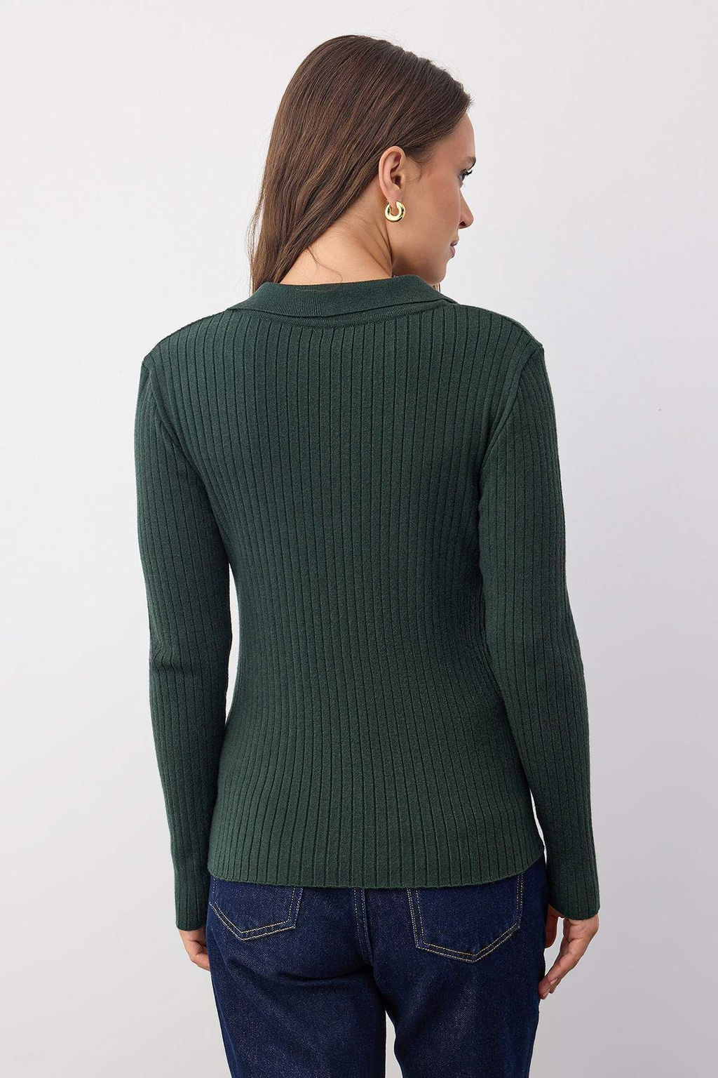Wardrobe Essentials Zumrut Yesili Premium IplikPolo Yaka Fitilli Triko Kazak | TWOAW26KZ00077