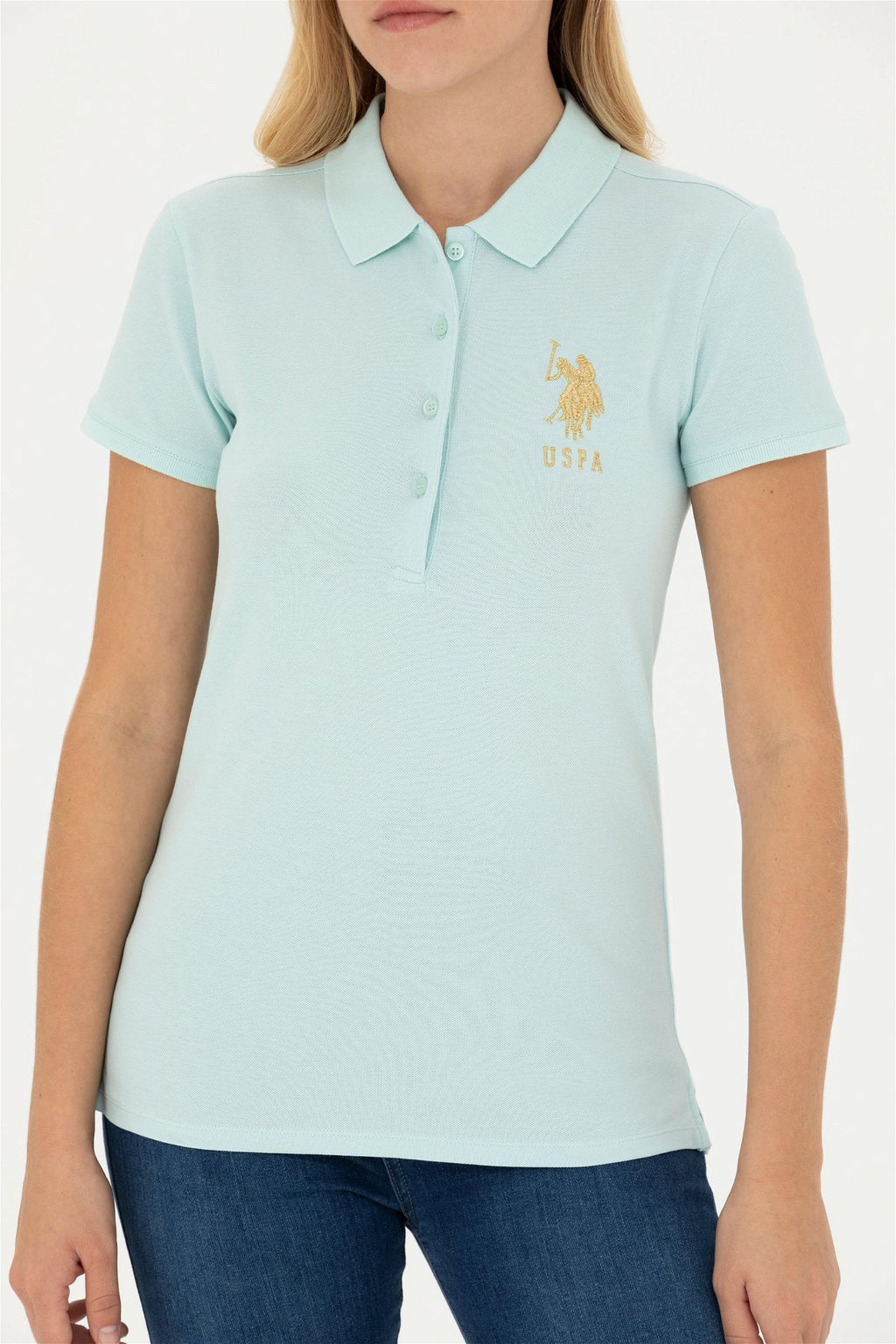 Женская базовая футболка цвета водного зеленого цвета с воротником-поло Неожиданная скидка в корзине - U.s. polo assn фото 6