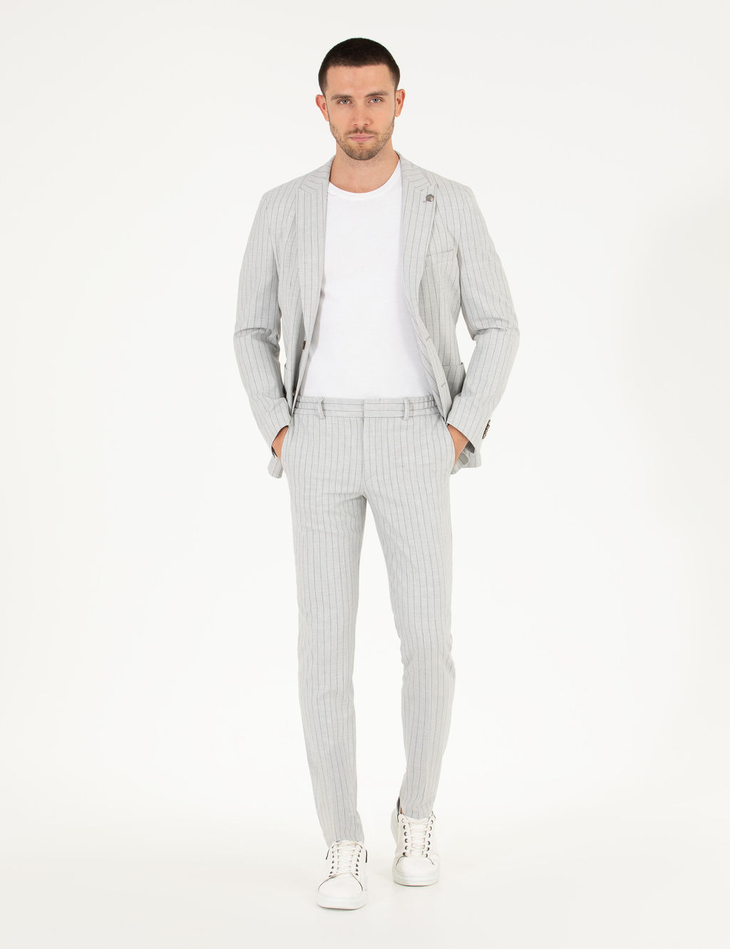 Gri Ex. Slim Fit _izgili Spor Tak_m Elbise