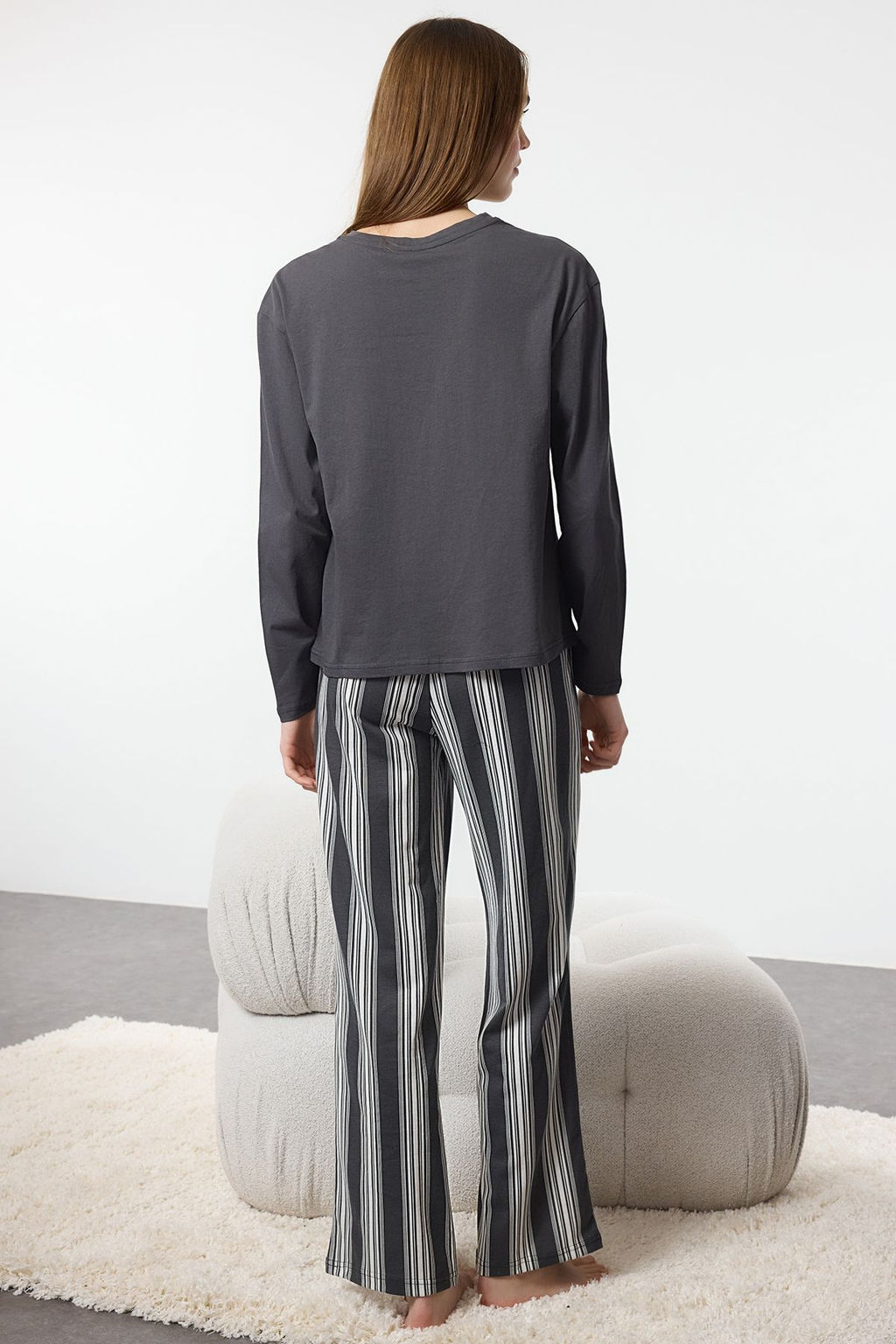 Trendyolmilla Antrasit %100 Pamuklu Cizgili Orme Pijama Tak?m? THMAW25PT00188  фото 17