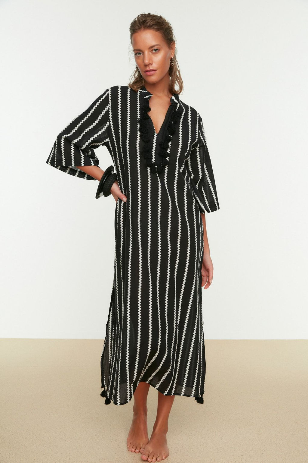 Siyah Cizgili Maxi Dokuma %100 Pamuk Puskullu Plaj Kimono&Kaftan TBESS20KM0024 - Trendyolmilla фото 2