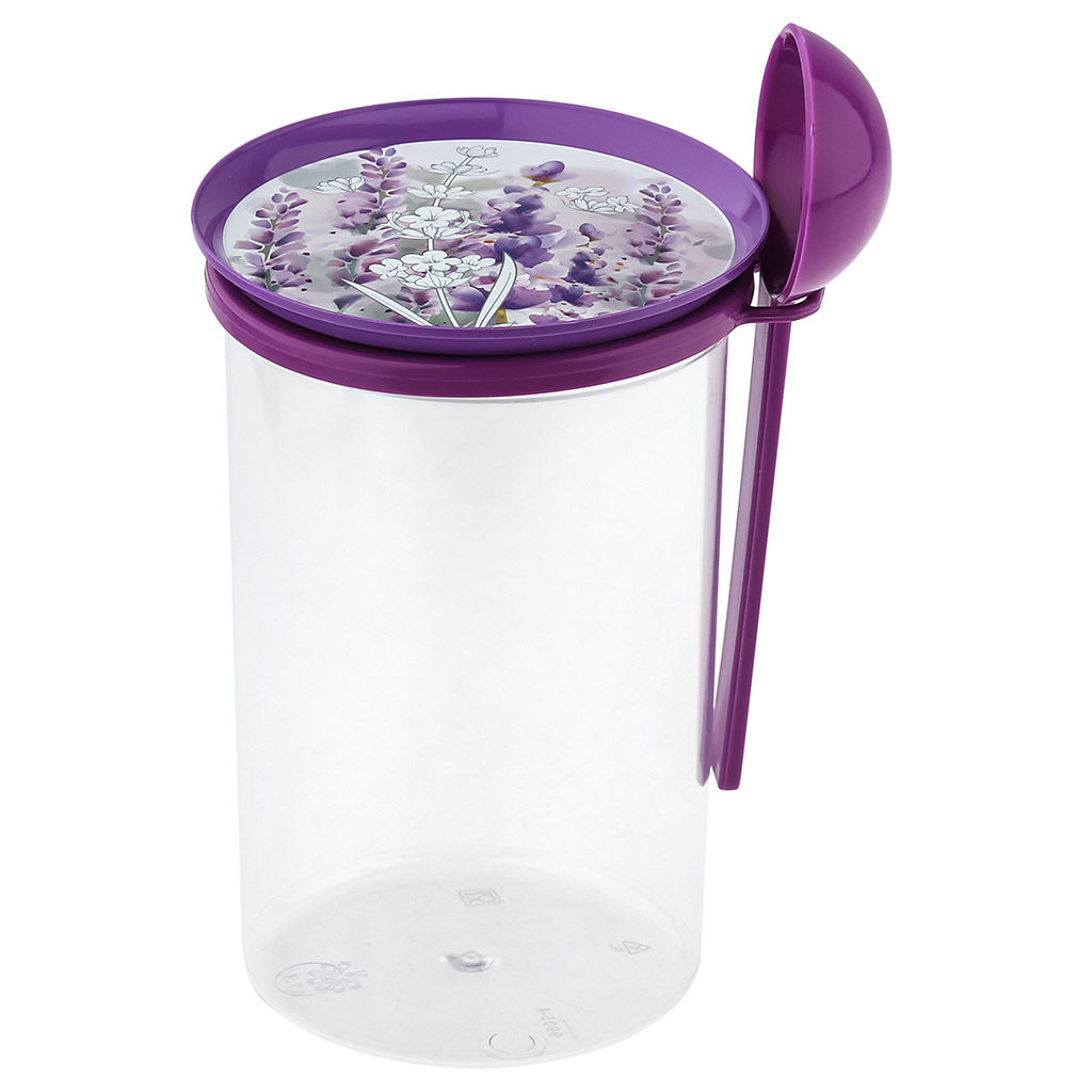 Банка для сыпучих продуктов пластмассовая "Lavender" 0,7л, д9,5см, h14,5см, с ложкой (Россия)