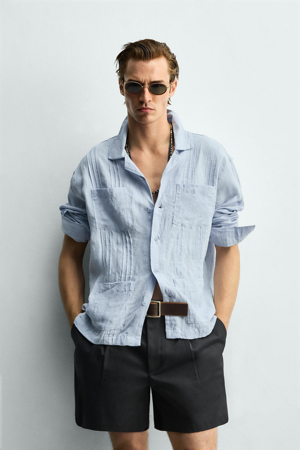 CAMISA RELAXED FIT 100% LINO PLIEGUES / Celeste