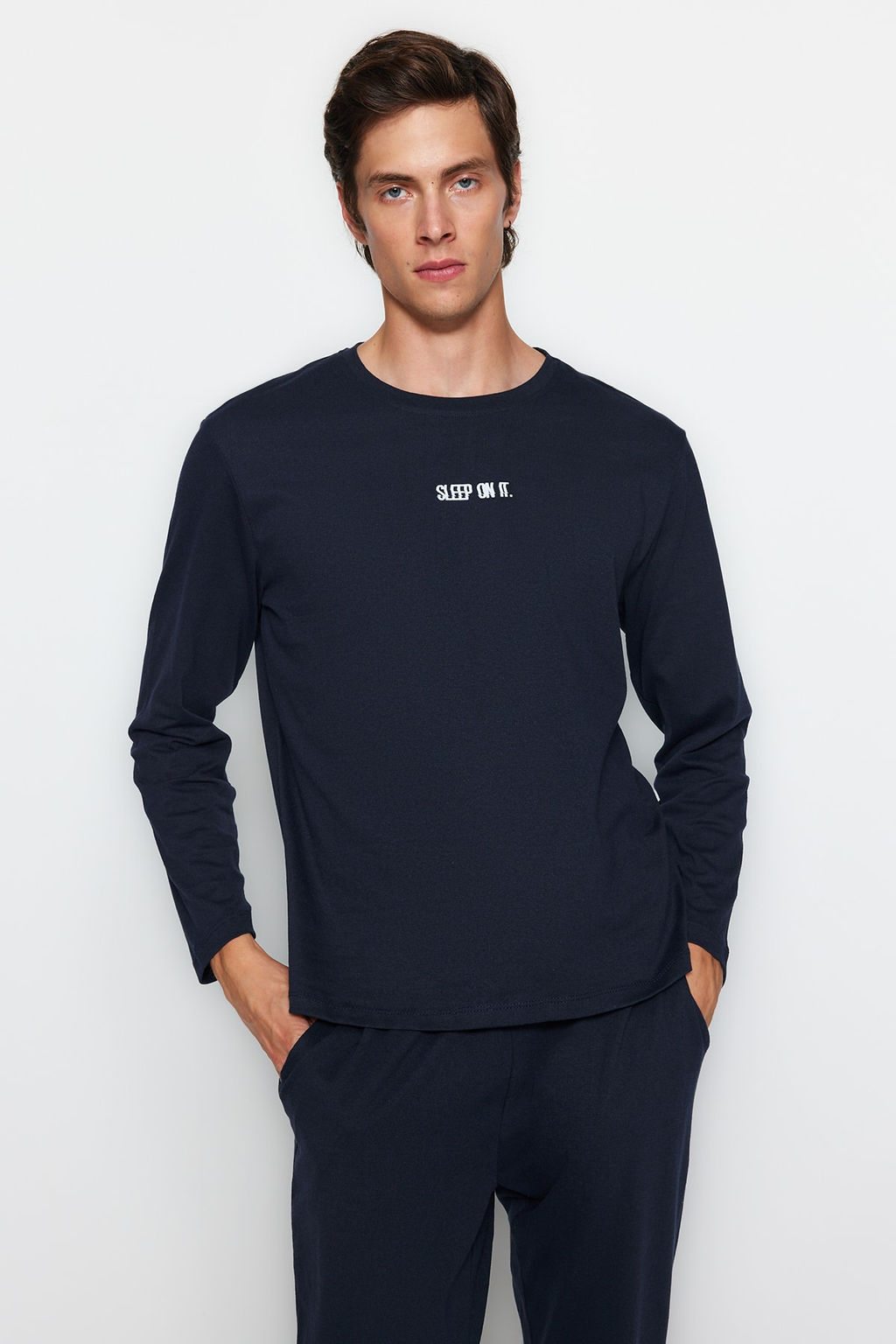 TRENDYOL MAN Lacivert Regular Fit Bask?l? Orme Pijama Tak?m? TMNAW24PT00005 - Trendyolmilla фото 10