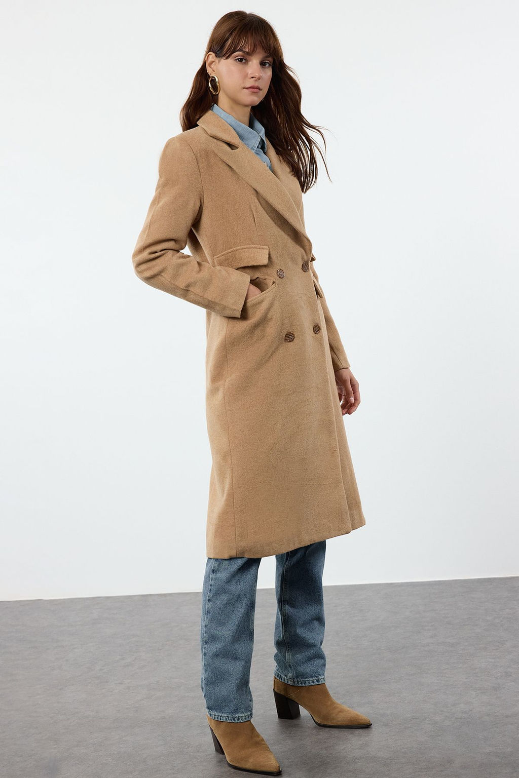 Camel Cep Detayl? Regular Yunlu Uzun Kaban TWOAW25KB00043