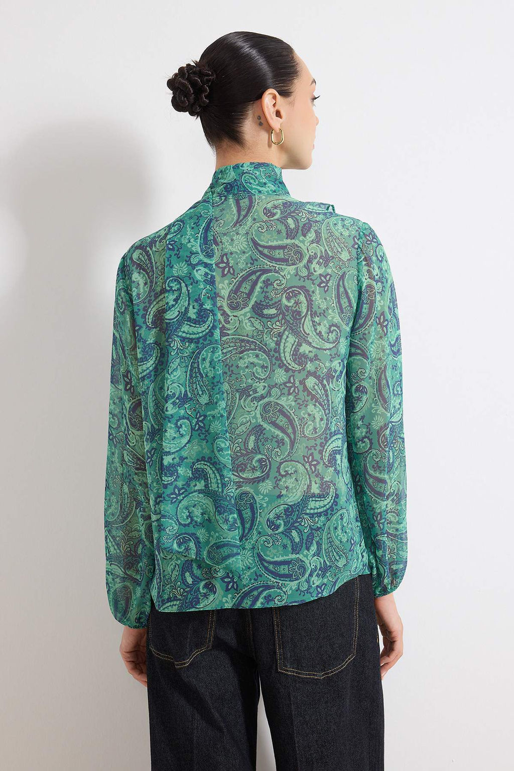 Yesil Sal Desenli Boho Transparan Sifon Dokuma Bluz TWOSS26BZ00216