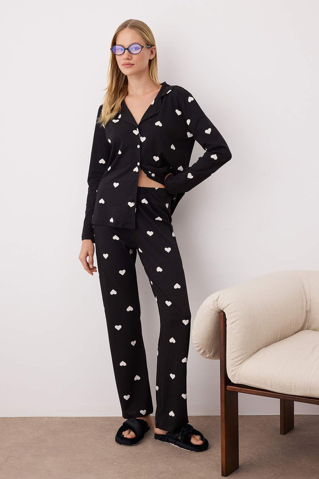 Siyah %100 Pamuklu Kalpli Orme Pijama Tak?m? THMAW21PT0548