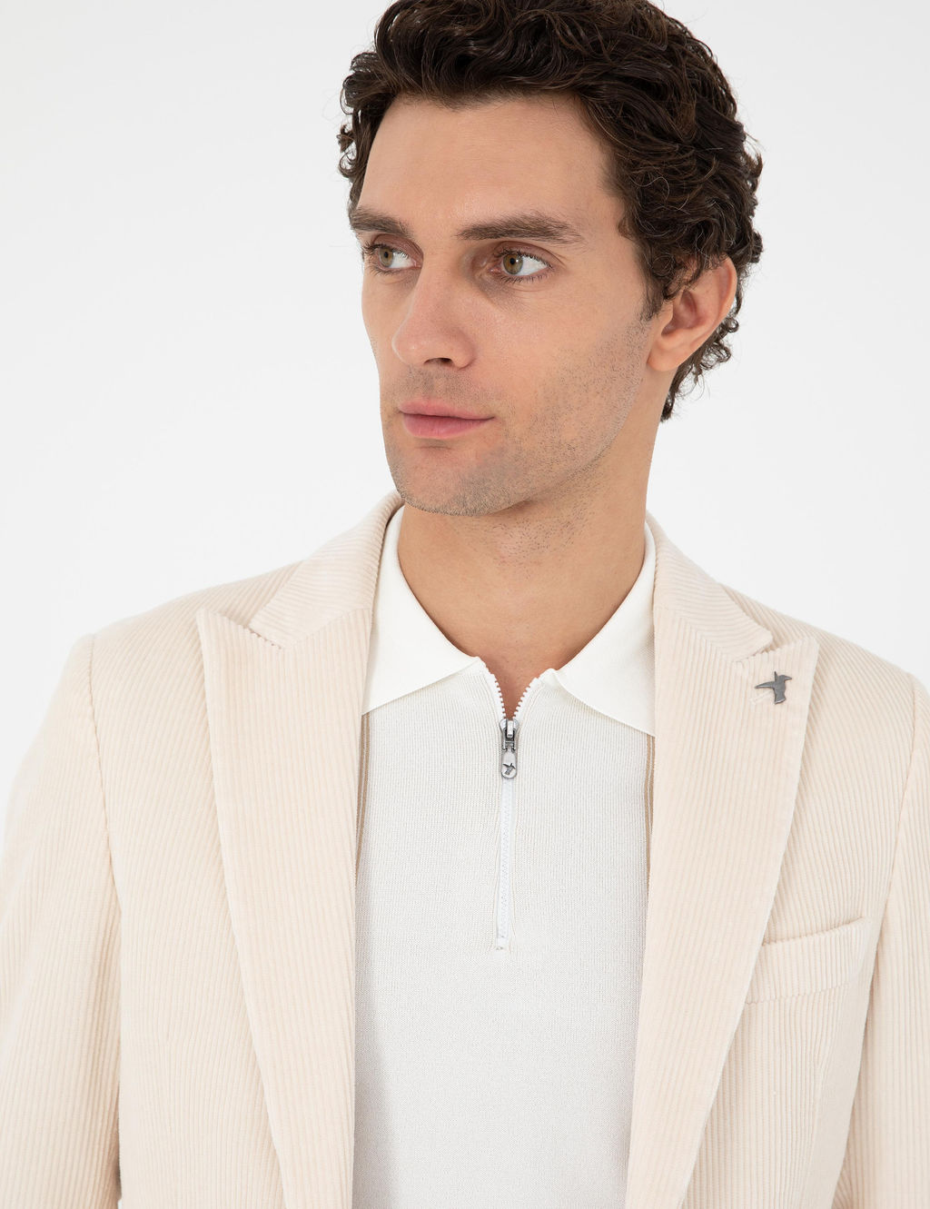 Ekru Slim Fit K_rlang__ Yaka Kadife Ceket