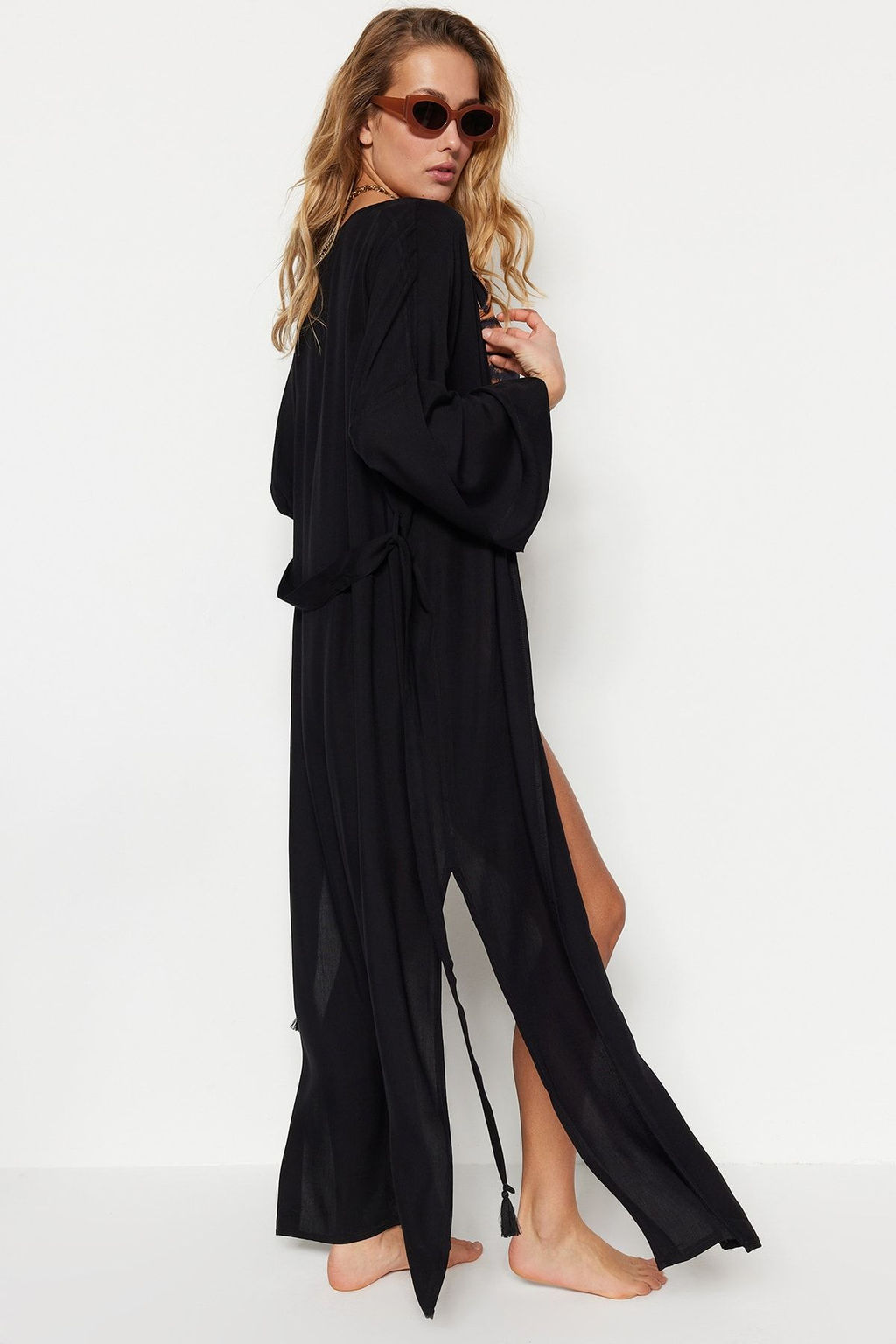 Siyah More Sustainable Kusakl? Maxi Dokuma Plaj Kimono&Kaftan TBESS21KM0152 - Trendyolmilla фото 2