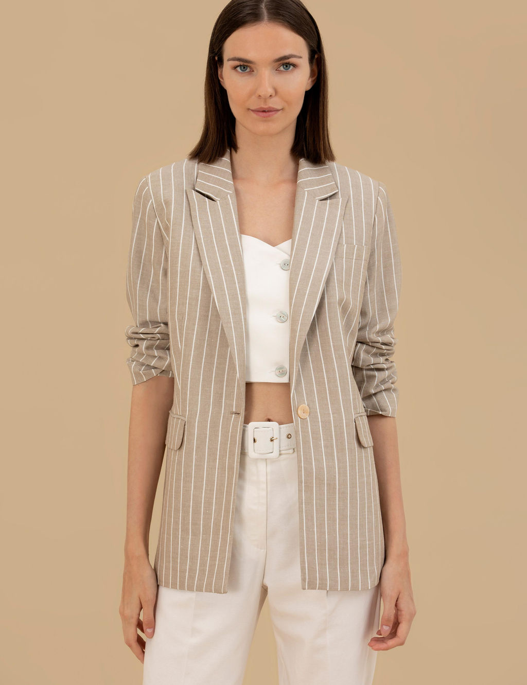 Bej Keten Kar___ml_ Comfort Fit Ceket