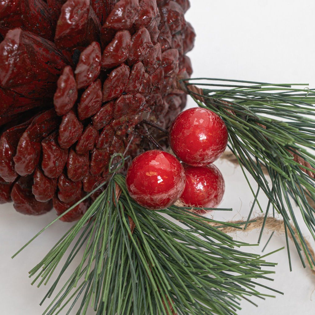 Новогоднее украшение "Кедровая шишка", красный/зеленый, 15 см., пластик