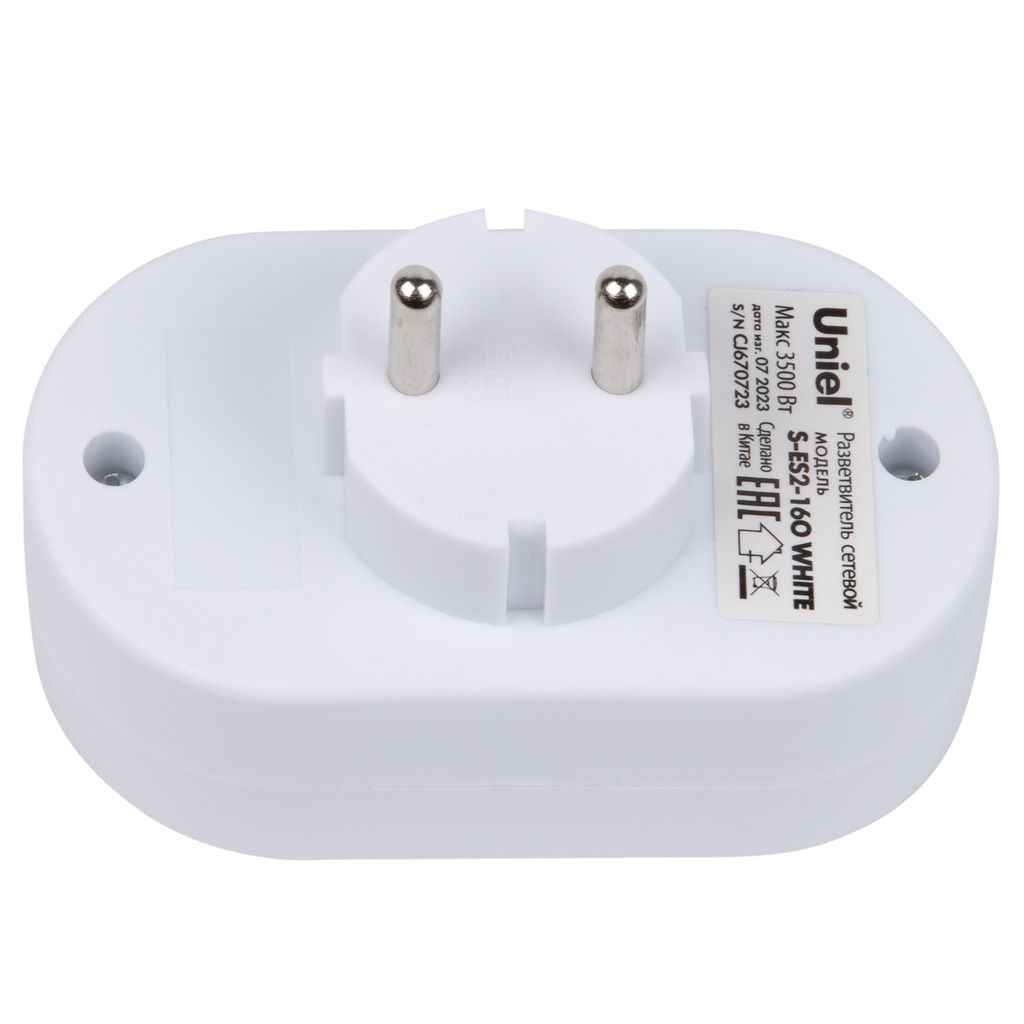 S-ES2-16O WHITE Разветвитель сетевой, б/з. 2 гнезда. 16А, 3500Вт. Белый. ТМ Uniel